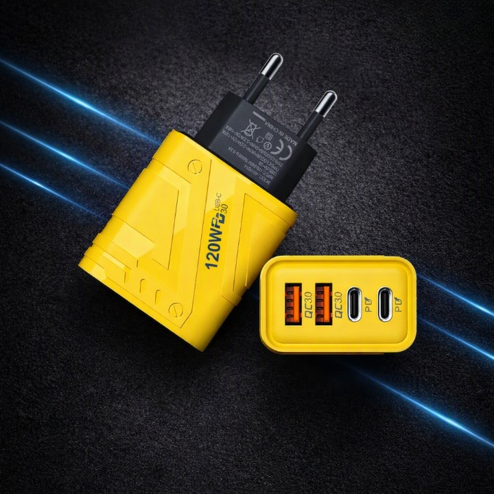 120W GaN Fast Charger 4-Port USB & USB-C PD Travel Adapter | Dual USB-C + Dual USB QC 3.0 Fast Charging