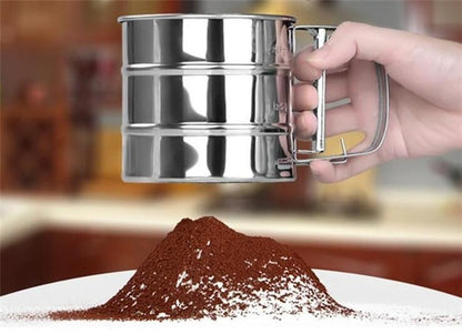 Flour Sifter Stainless Steel – Double Layer Fine Mesh Baking Sifter with One-Hand Press Crank for Cakes & Pastries