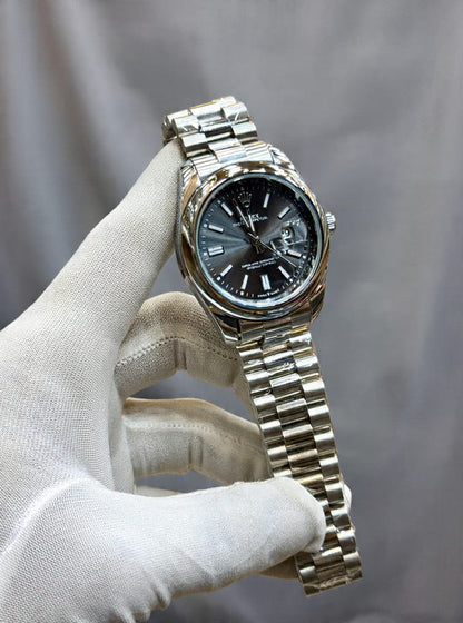 Rolex Brand Oyster Perpetual Style Watch – Stainless Steel Bracelet with Date Display (Black)