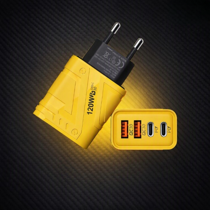 120W GaN Fast Charger 4-Port USB & USB-C PD Travel Adapter | Dual USB-C + Dual USB QC 3.0 Fast Charging